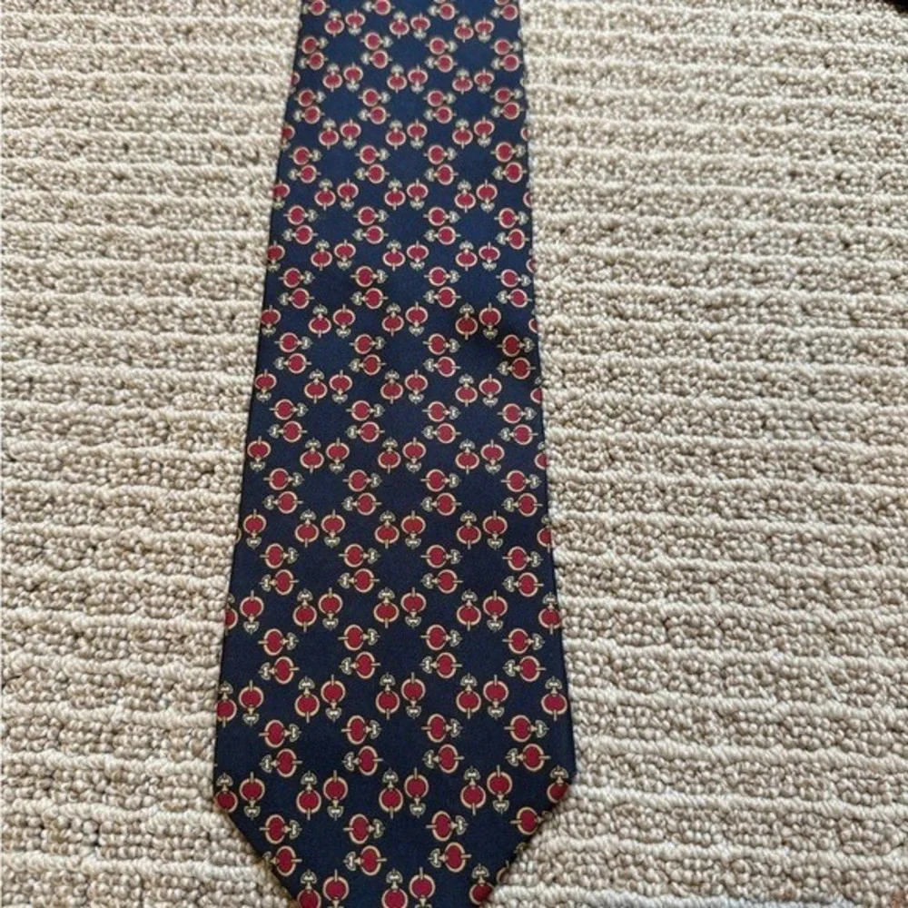 Christian Dior Monsieur Silk Tie‎ Navy Blue Red Gold Geometric Medallion Vintage